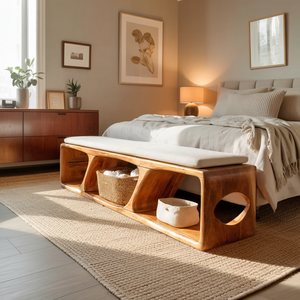Mid Century Wood Bench For Warm Interior Spaces