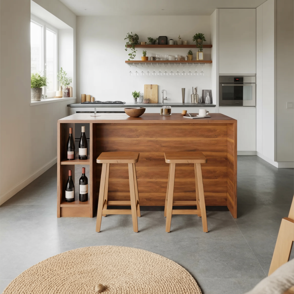 Contemporary Warm Wood Bar Table With Storage For Kitchen Or Breakfast Nook