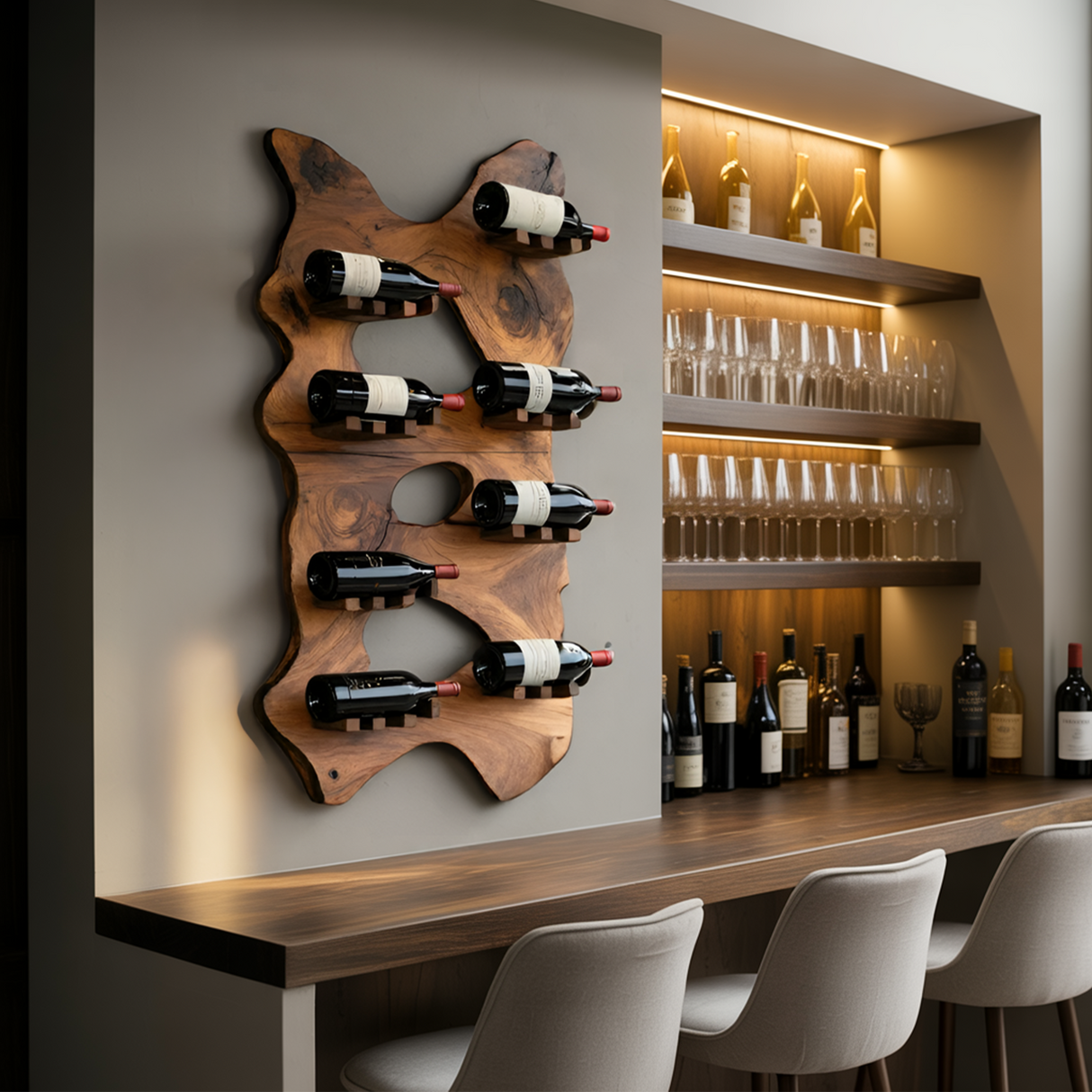 Mid Century Wooden Live Edge Wine Holder For Living Room Decor