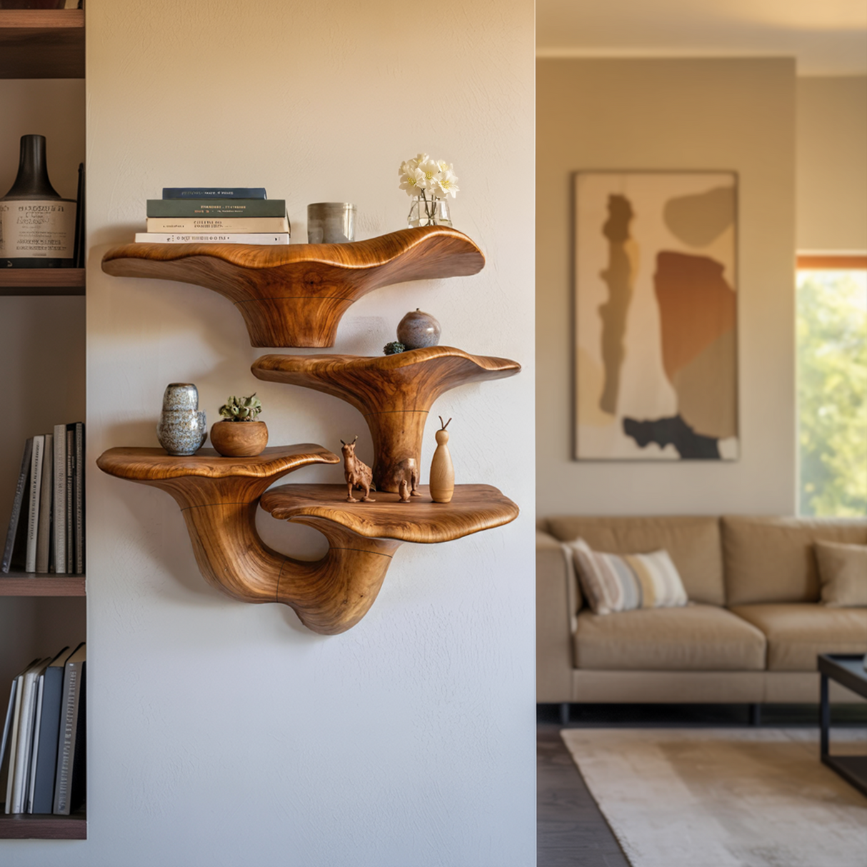 Farmhouse Wooden Live Edge Mushroom Shelf For Cozy Interior Design