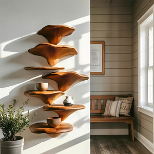 Handcrafted Solid Wood Mushroom Shelf For Organic Furniture Decor
