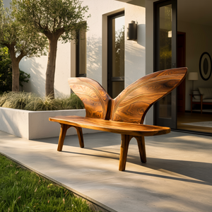 Organic Outdoor Wood Bench With Butterfly Wing Backrest For Garden