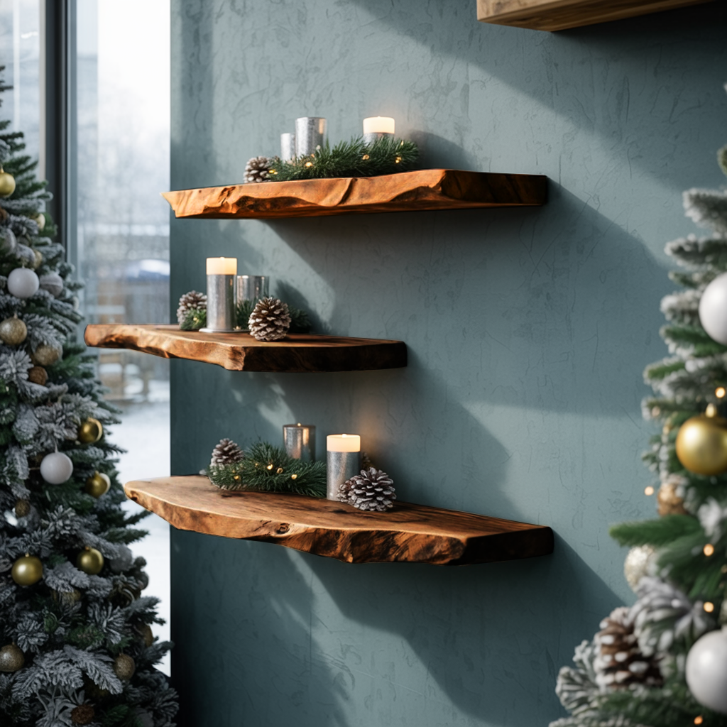 Mid Century Wooden Floating Shelf For Living Room Christmas Decor