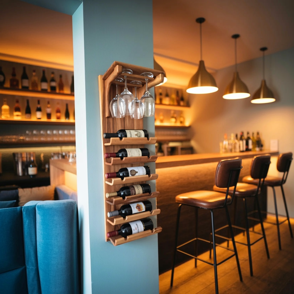 Wall Mounted Wooden Wine Rack With Glass Holder For Kitchen Or Home Bar