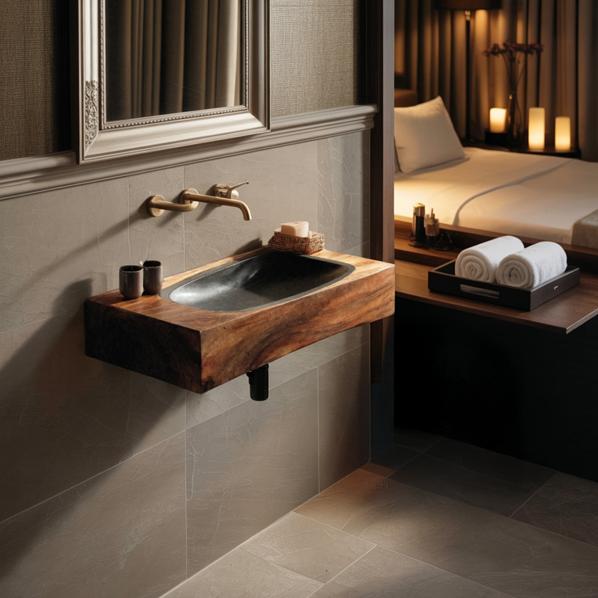 Farmhouse Wooden Live Edge Wood Basin For Organic Bathroom Design