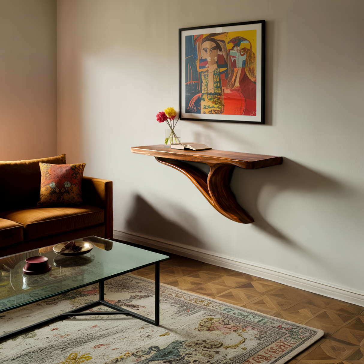 Modern Sculptural Wood Floating Shelf For Entryway Decor