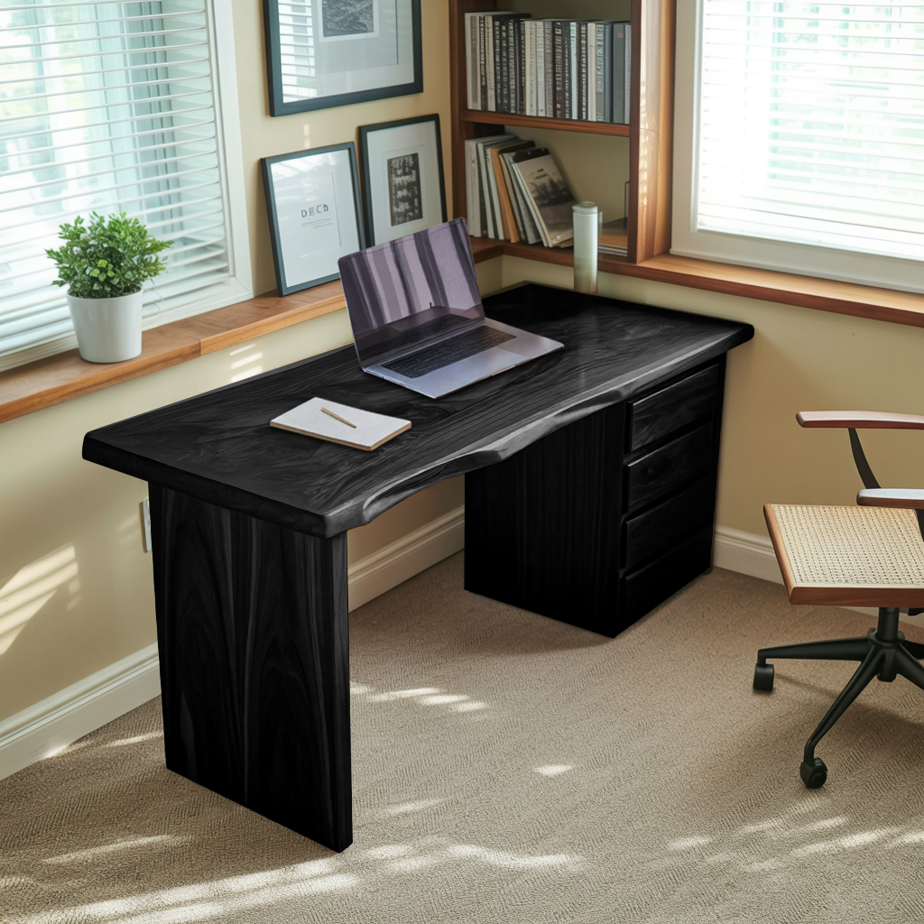 Rustic Live Edge Wooden Desk With Drawers For Home Office Or Study
