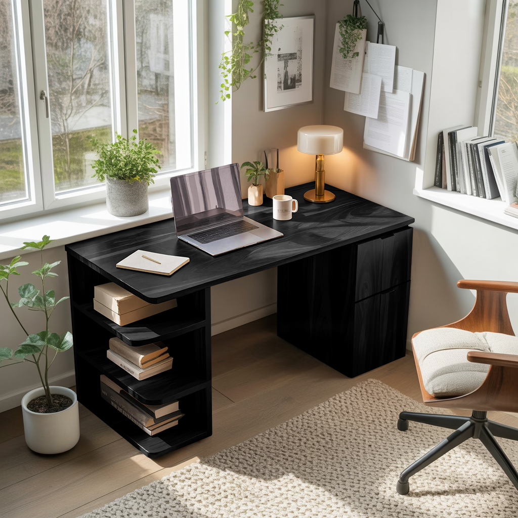 Contemporary Wooden Desk With Shelves And Drawers For Home Office