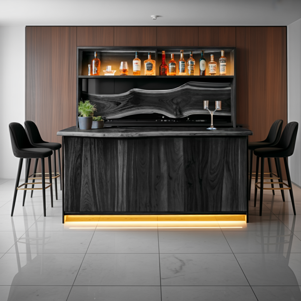 Modern Live Edge Indoor Bar Table With Wave Shelf For Home Lounge