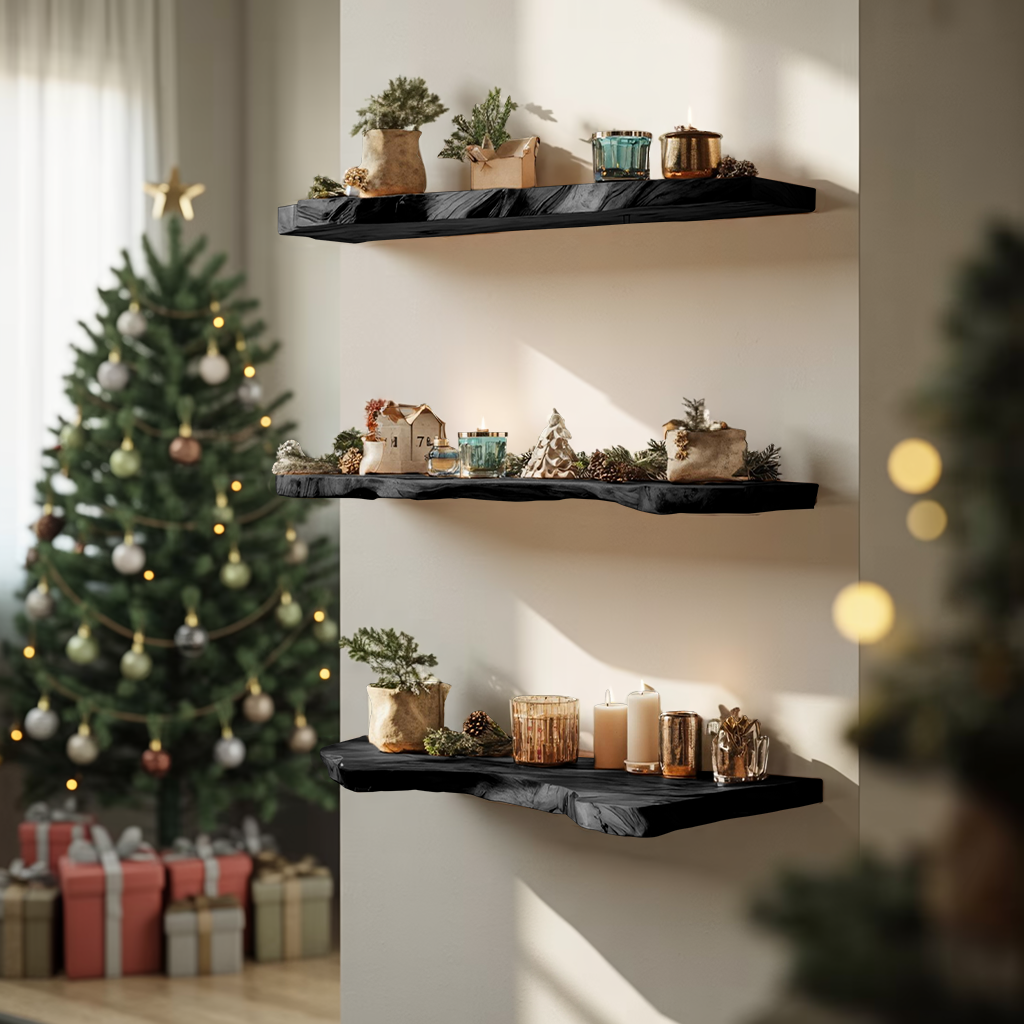 Handcrafted Solid Wood Floating Shelf For Living Room Xmas Decor