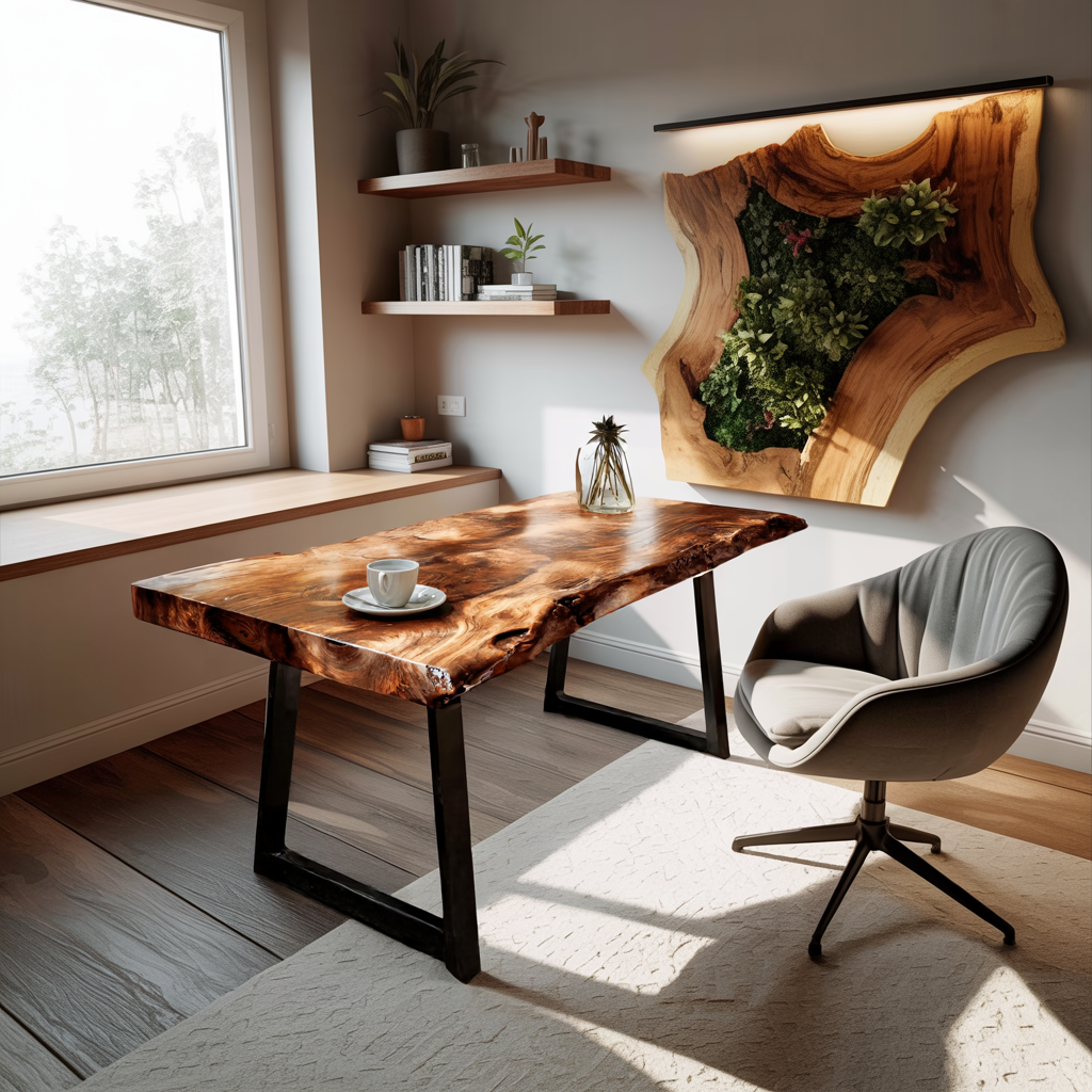 Modern Live Edge Wooden Desk With Metal Legs For Home Office Or Studio
