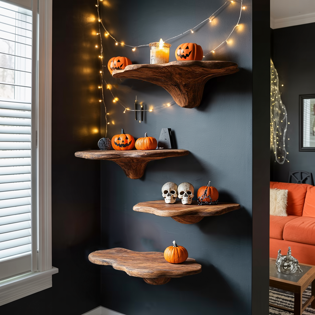 Farmhouse Wooden Mushroom Shelf Halloween Living Room Accent