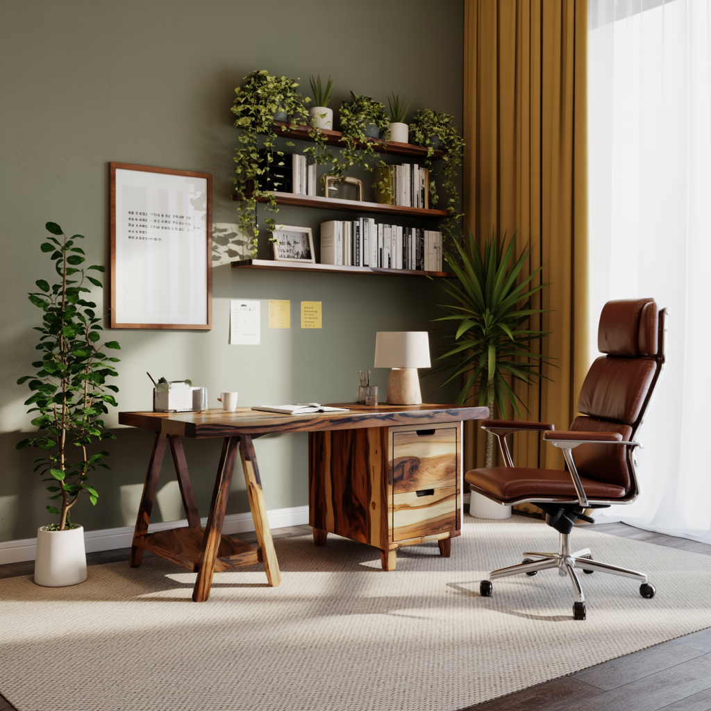 Modern Rustic Wood Desk With Drawers And A Frame Legs For Home Office