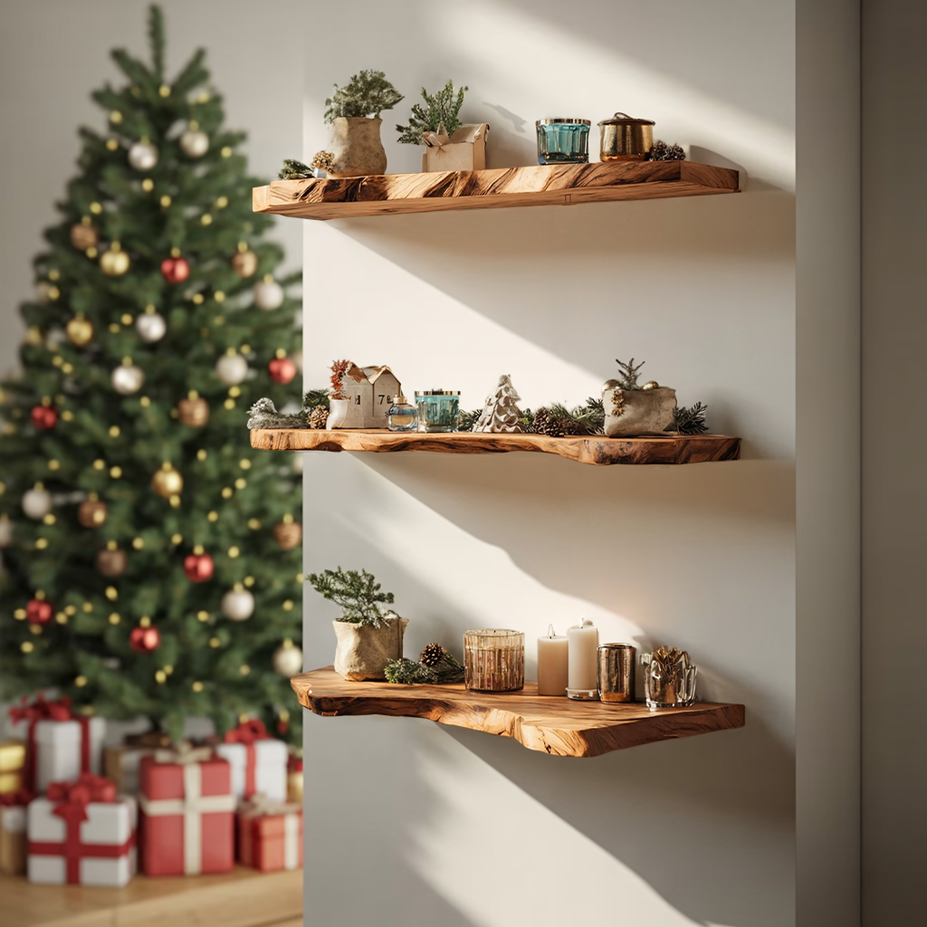 Handcrafted Solid Wood Floating Shelf For Living Room Xmas Decor