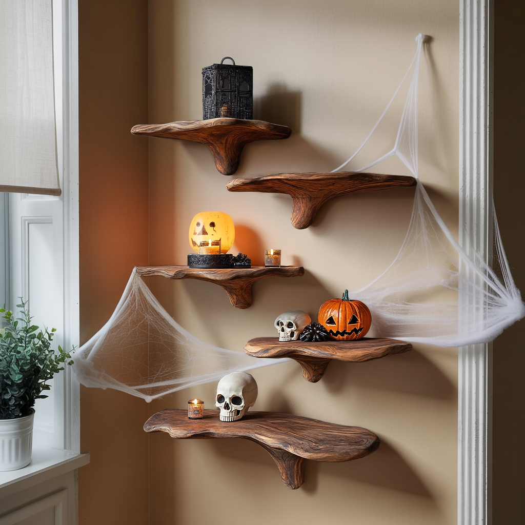 Mid Century Live Edge Mushroom Shelf Halloween Bedroom Styling