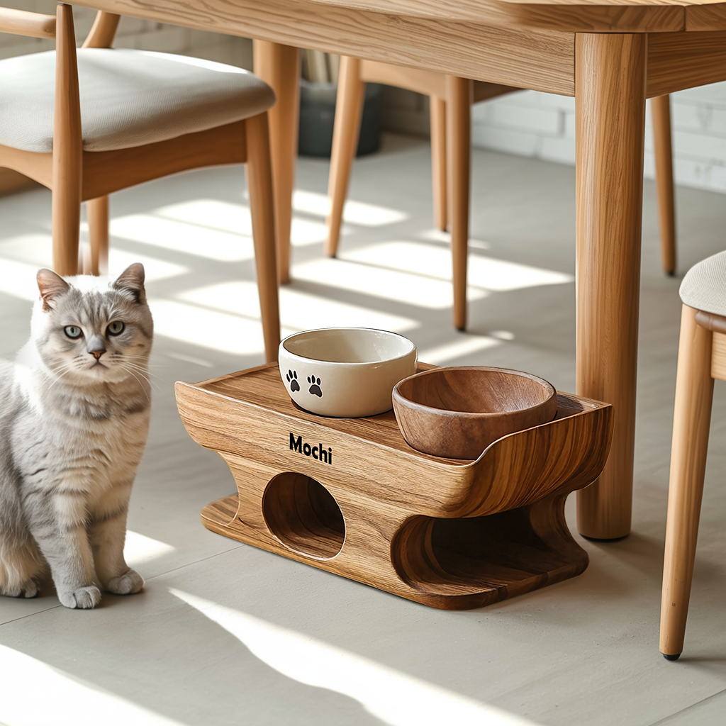 Mid Century Dog Food Bowl Stand With Wooden Base