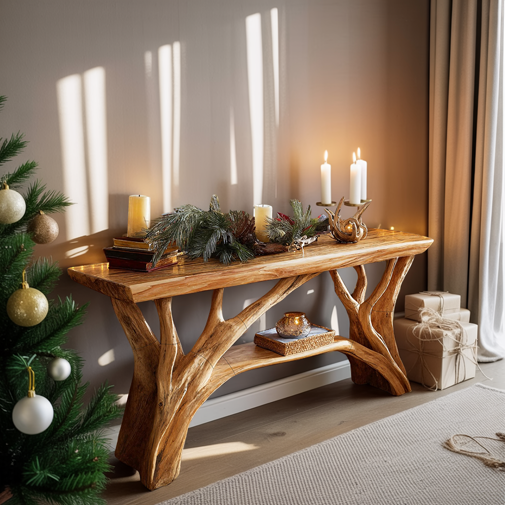Rustic Wooden Live Edge Console Table For Christmas Living Room