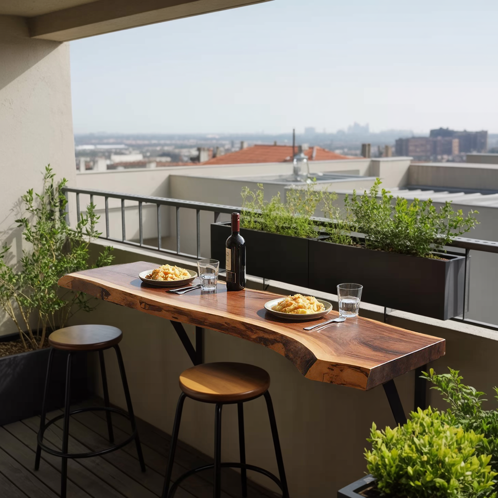 Live Edge Solid Wood Balcony Bar Table For Rail Mount Outdoor Breakfast