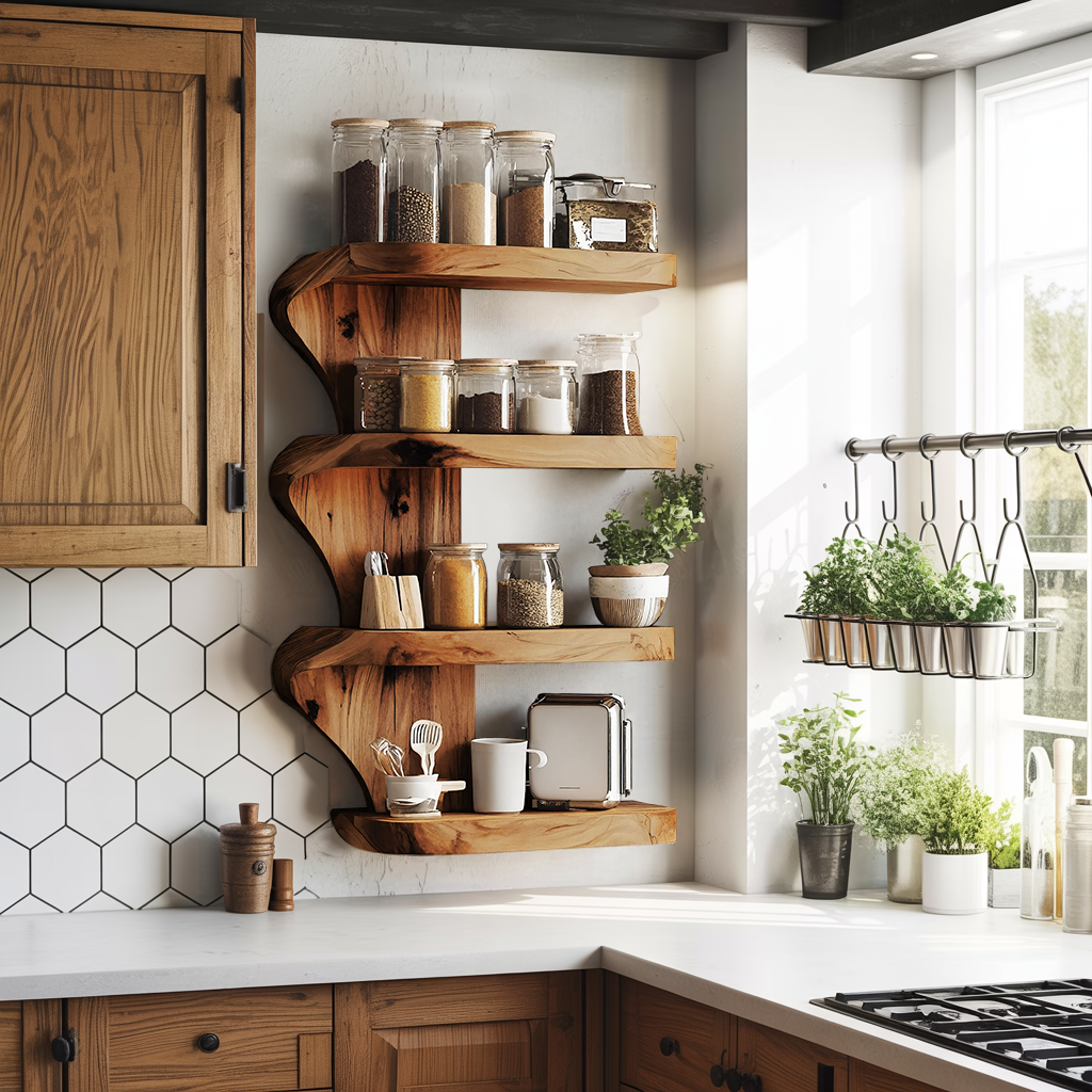 Mid Century Kitchen Decor With Wooden Spice Organizer
