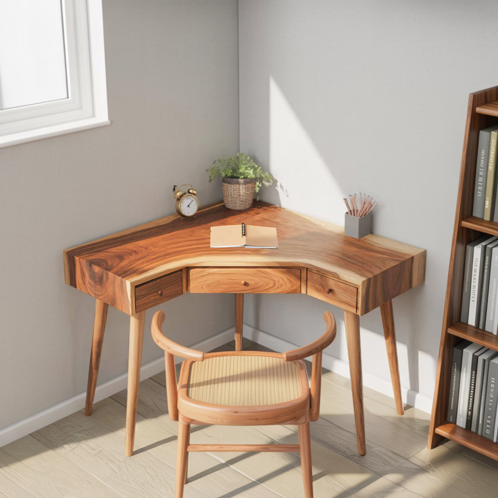 Mid Century Corner Wooden Desk With Drawer For Home Office Or Study