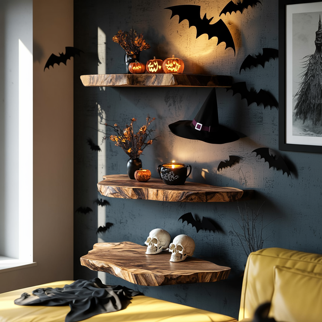 Handcrafted Solid Floating Shelf For Bedroom Unique Halloween Accent