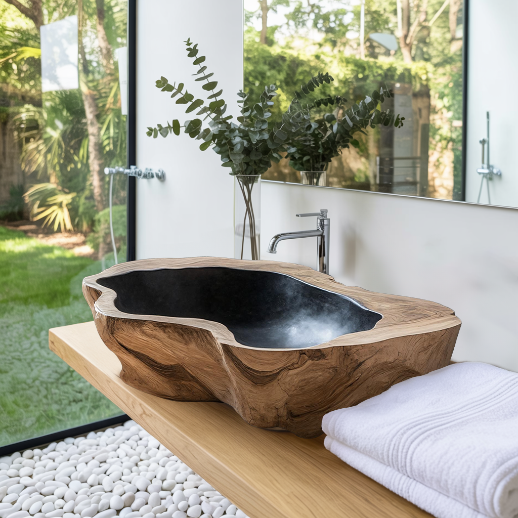 Handcrafted Mid Century Wood Wash Basin For Bathroom