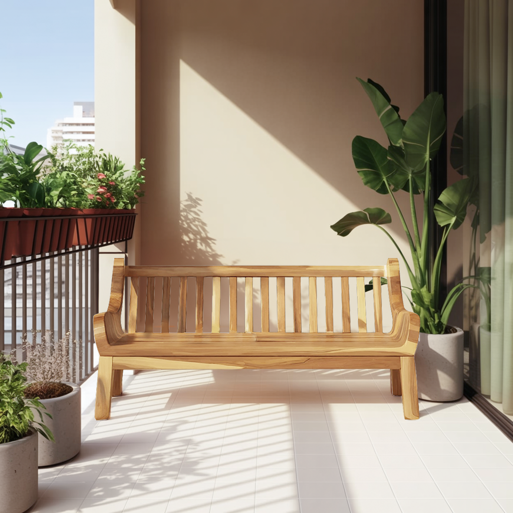 Contemporary Outdoor Wooden Bench With Curved Armrests For Garden Or Porch