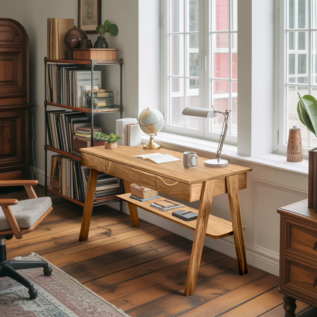 Mid Century Wooden Writing Desk With Drawers And Shelf For Home Office