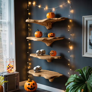 Mid Century Solid Wood Mushroom Shelf For Halloween Wall Design