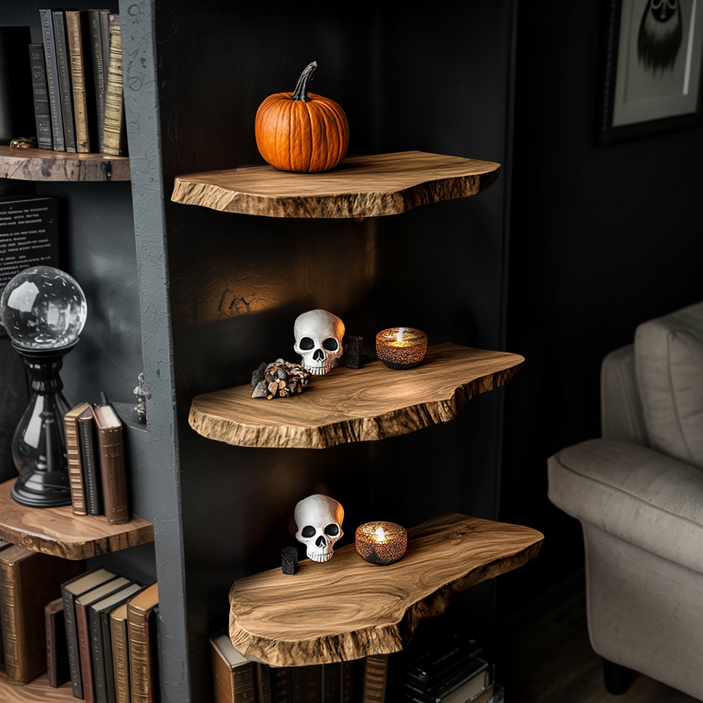 Handcrafted Wooden Live Edge Floating Shelf For Entryway Design With Halloween Hooks