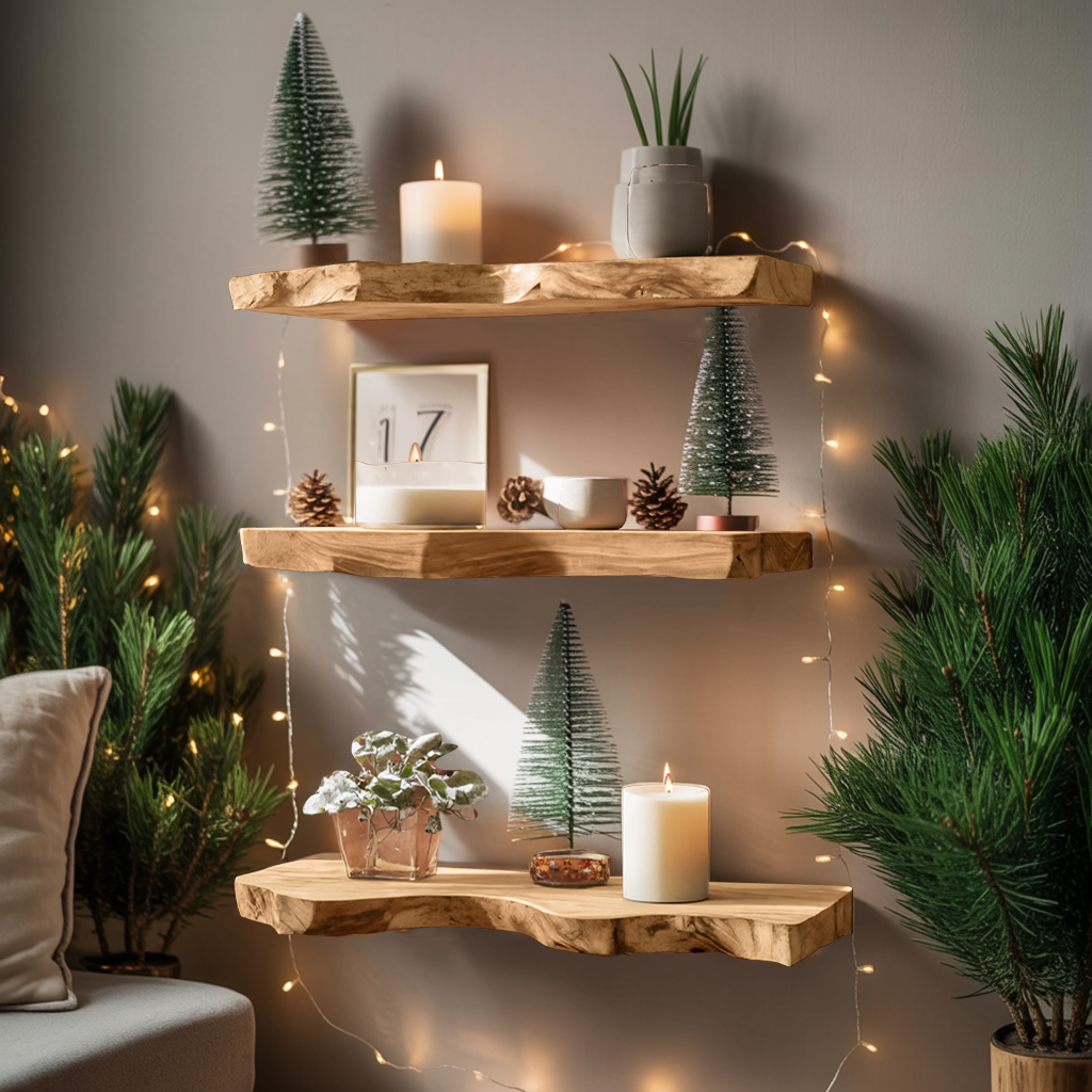 Mid Century Wooden Floating Shelf For Holiday Living Room Setup
