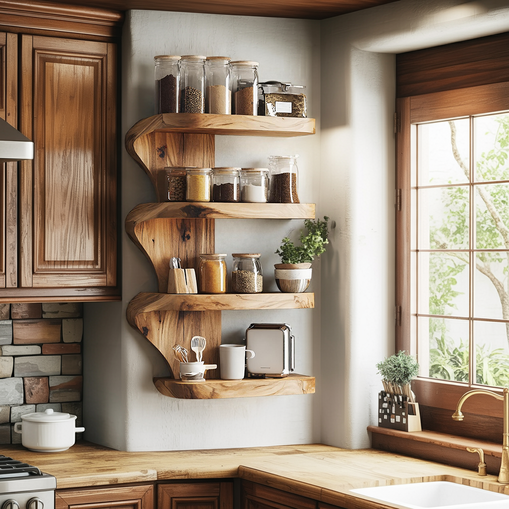 Mid Century Kitchen Decor With Wooden Spice Organizer