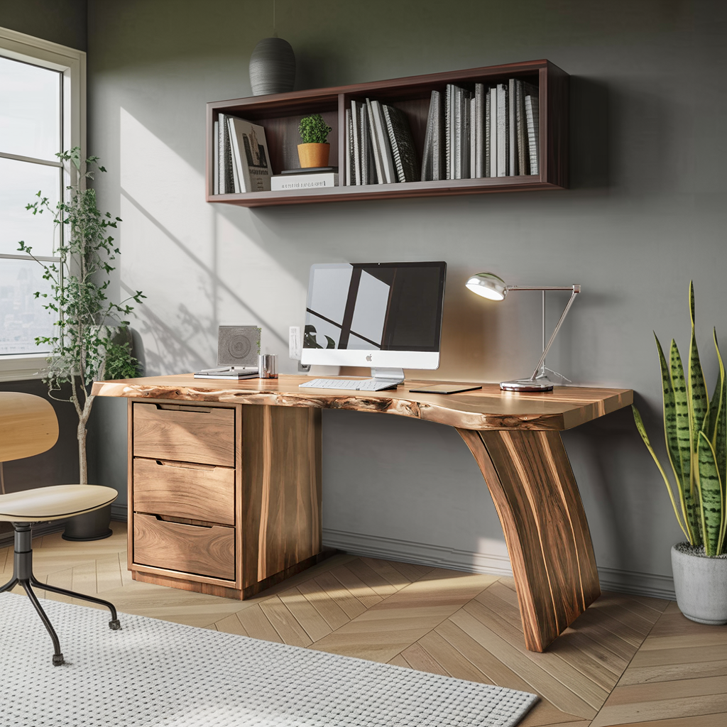 Artisan Live Edge Wooden Desk With Curved Legs For Home Office