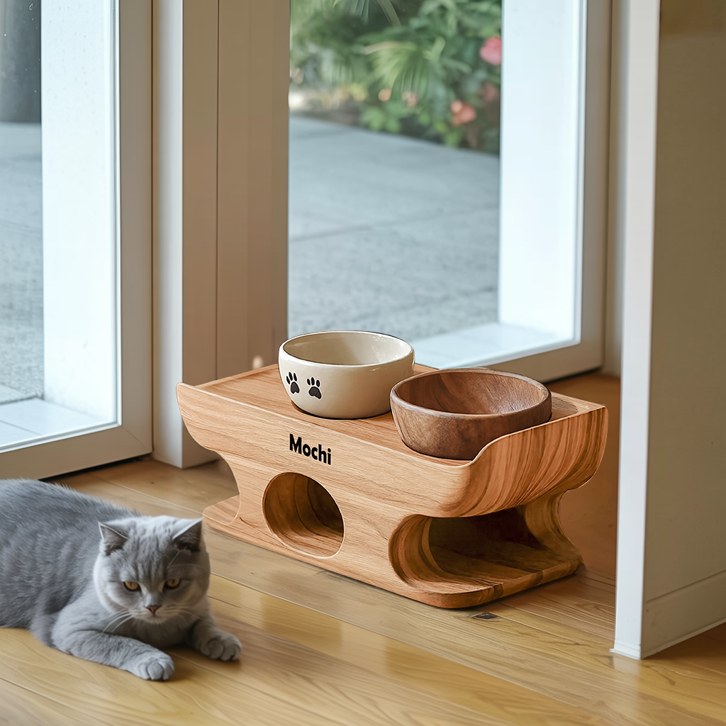 Mid Century Dog Food Bowl Stand With Wooden Base