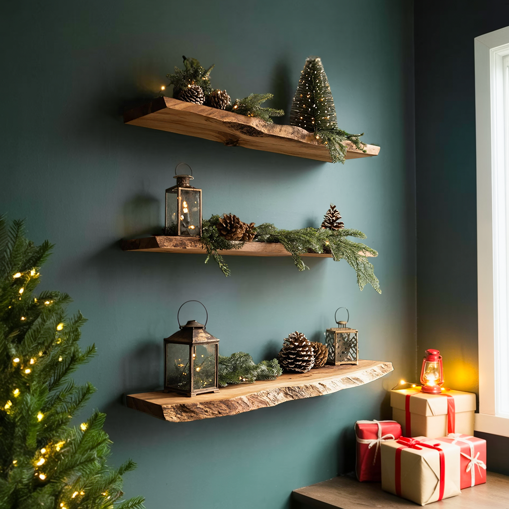 Handcrafted Solid Wood Floating Shelf For Festive Entryway Design