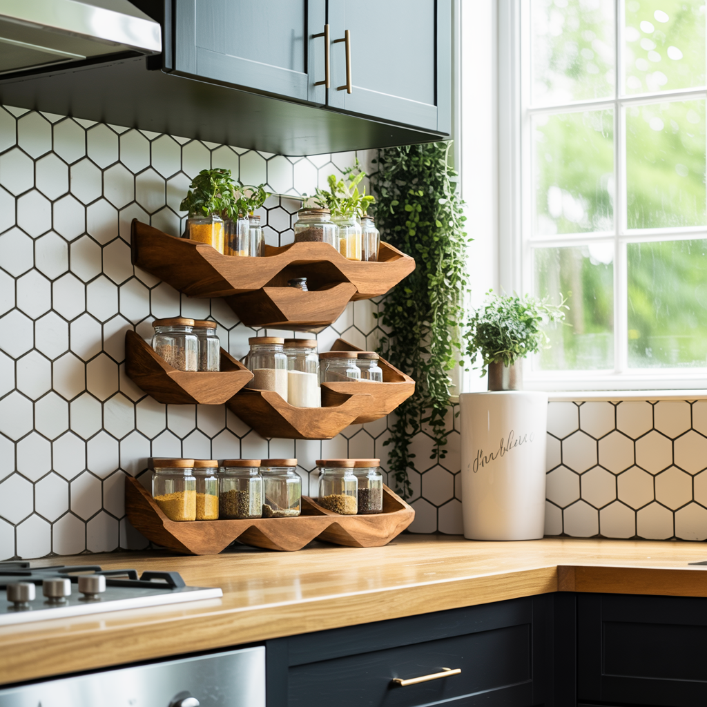 Farmhouse Kitchen Cabinet With Rustic Spice Rack Shelf