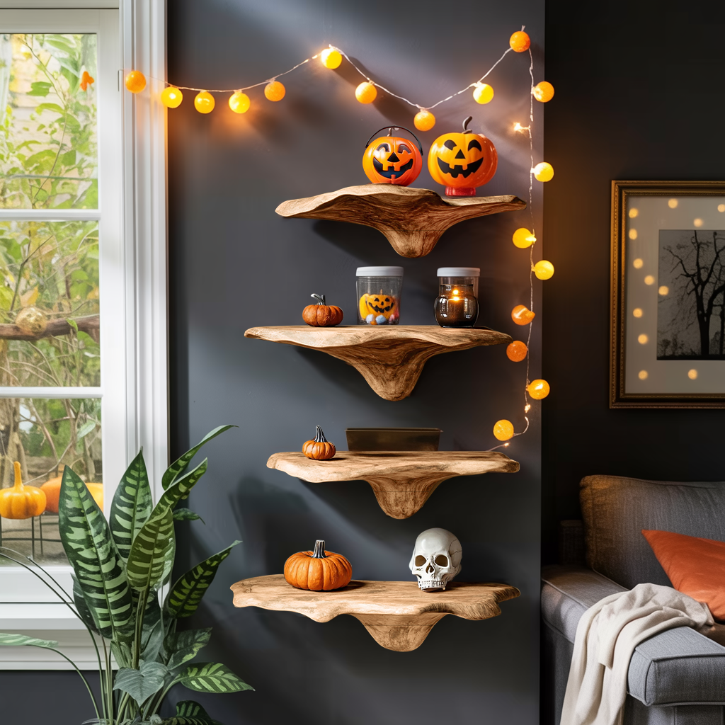 Handcrafted Live Edge Mushroom Shelf For Halloween Entryway