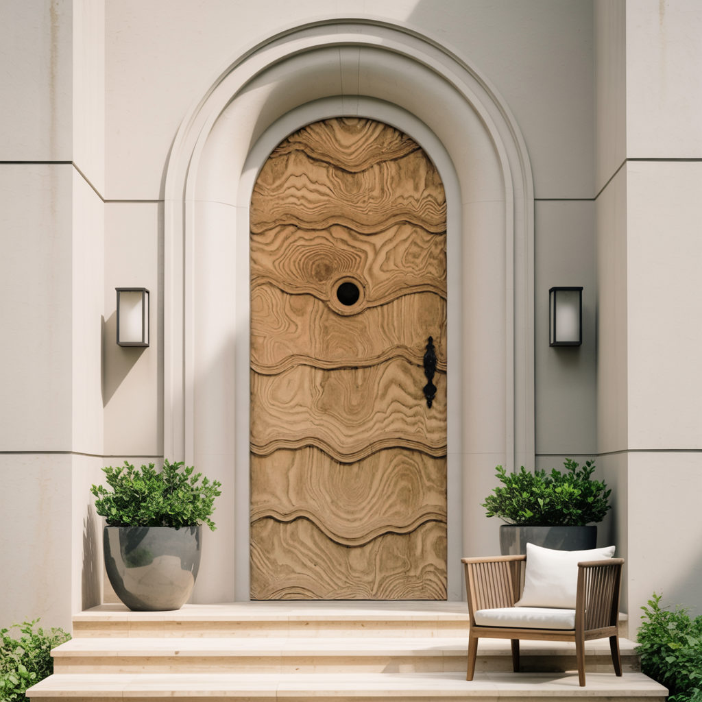 Artistic Arched Front Door With Carved Wave For Villa Or Architecture
