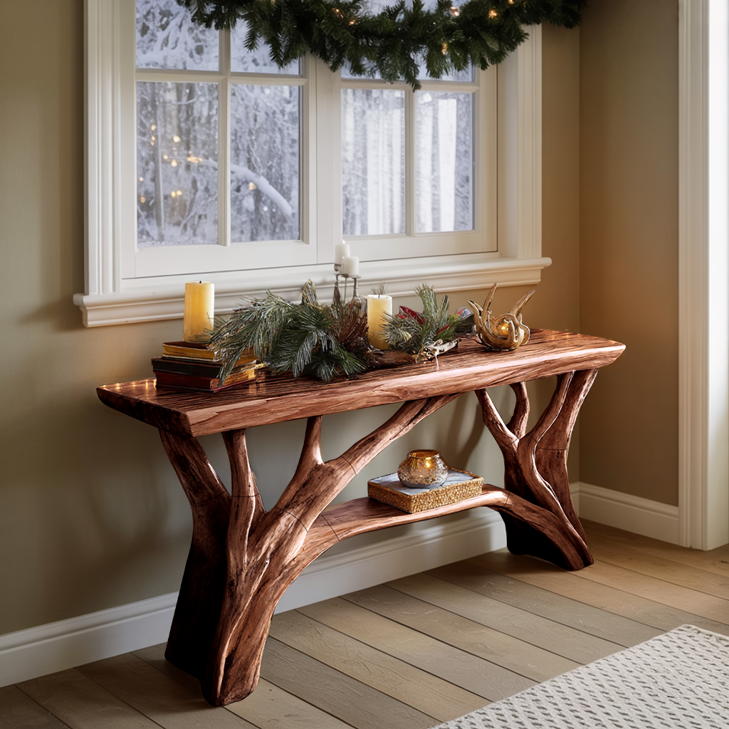 Rustic Wooden Live Edge Console Table For Christmas Living Room