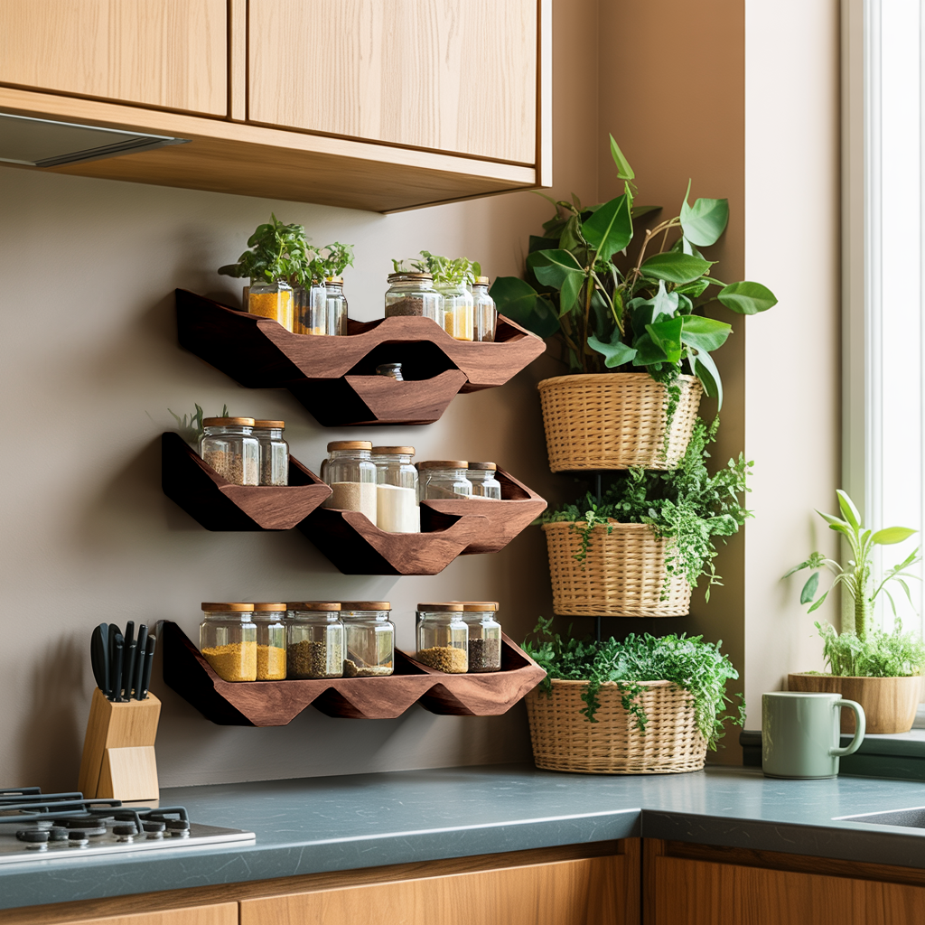 Farmhouse Kitchen Cabinet With Rustic Spice Rack Shelf