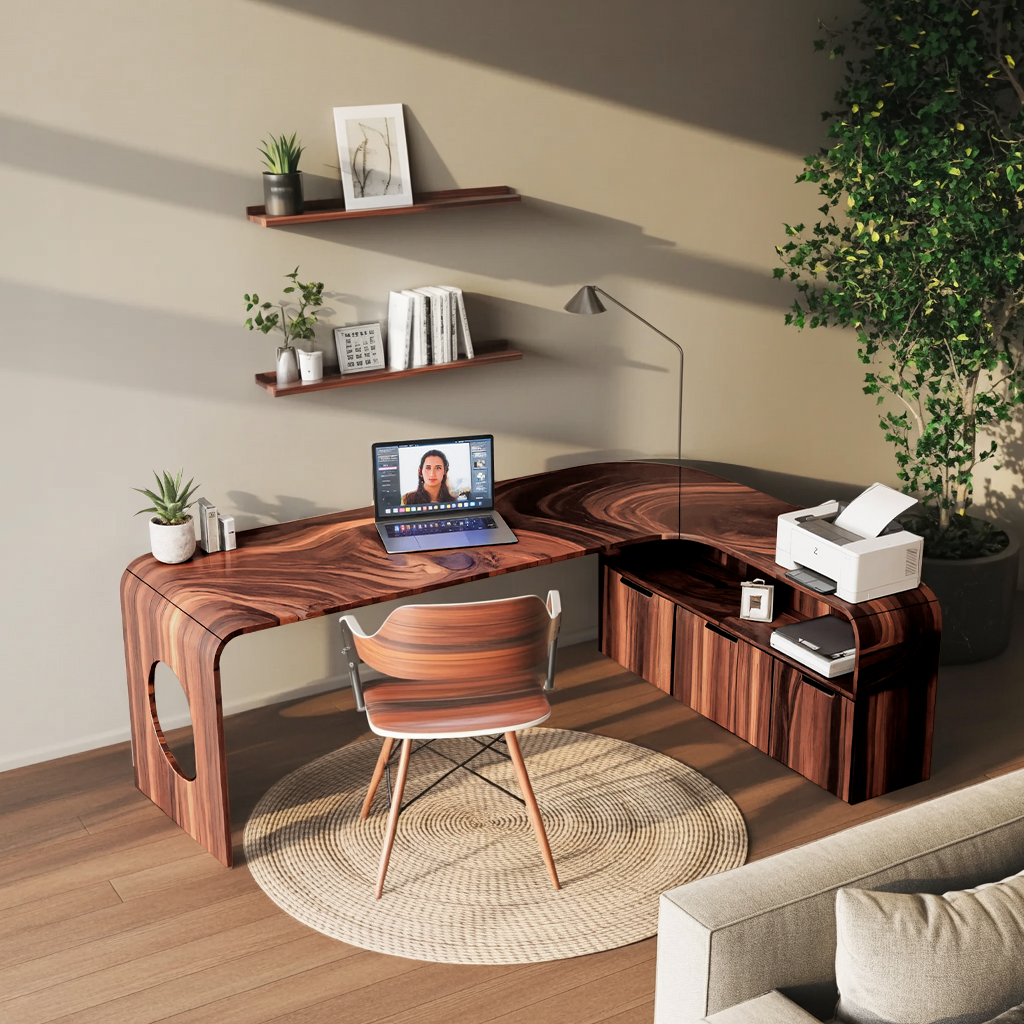 Modern L Shaped Wooden Desk With Rounded Corners For Executive Office