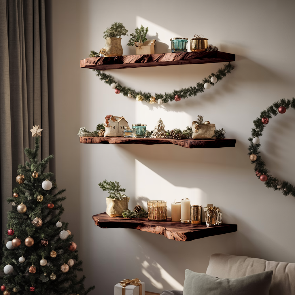 Handcrafted Solid Wood Floating Shelf For Living Room Xmas Decor