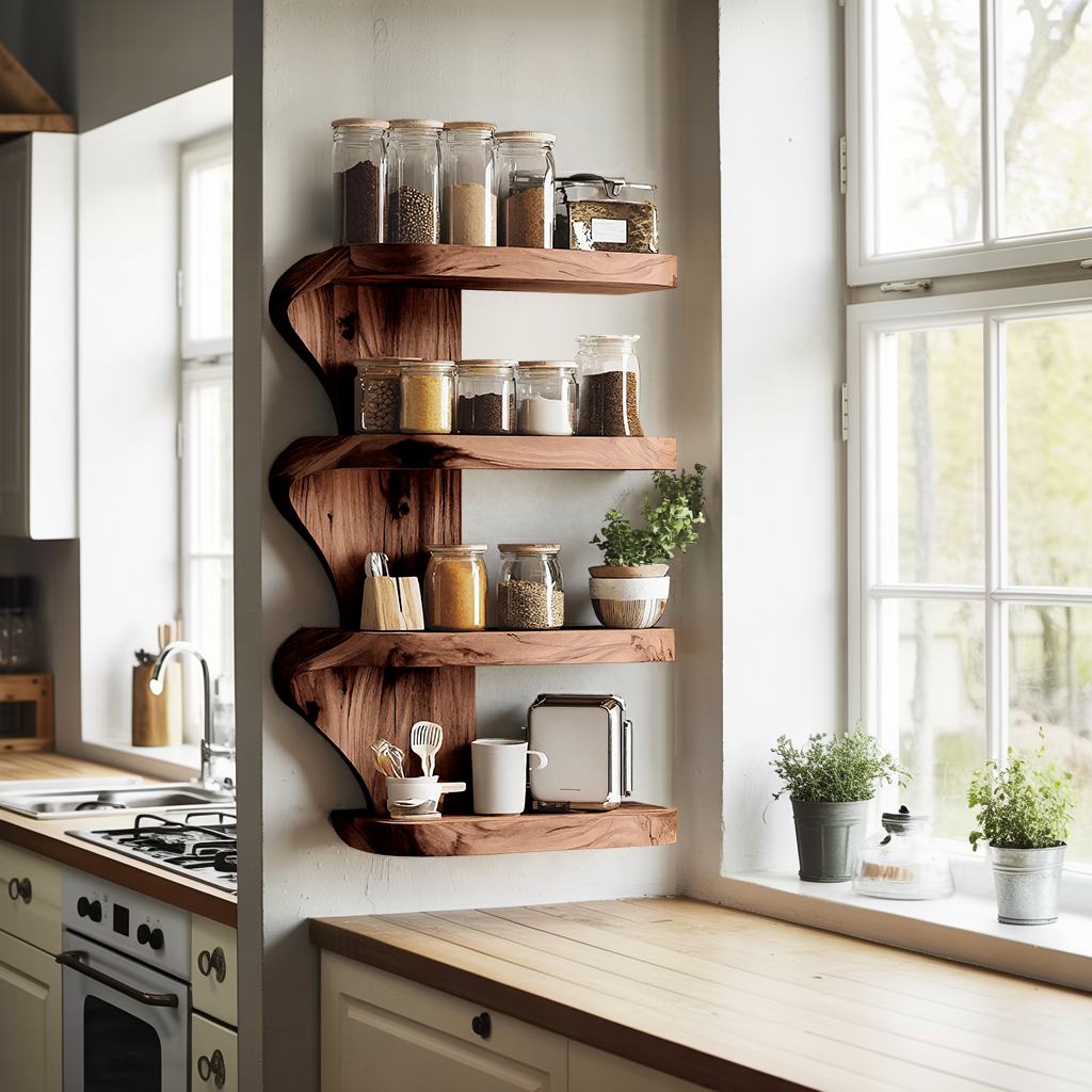 Mid Century Kitchen Decor With Wooden Spice Organizer