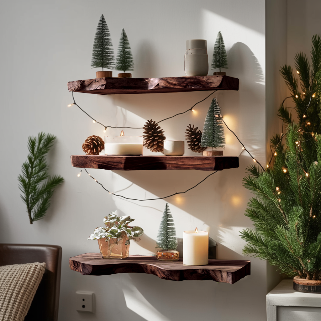 Mid Century Wooden Floating Shelf For Holiday Living Room Setup