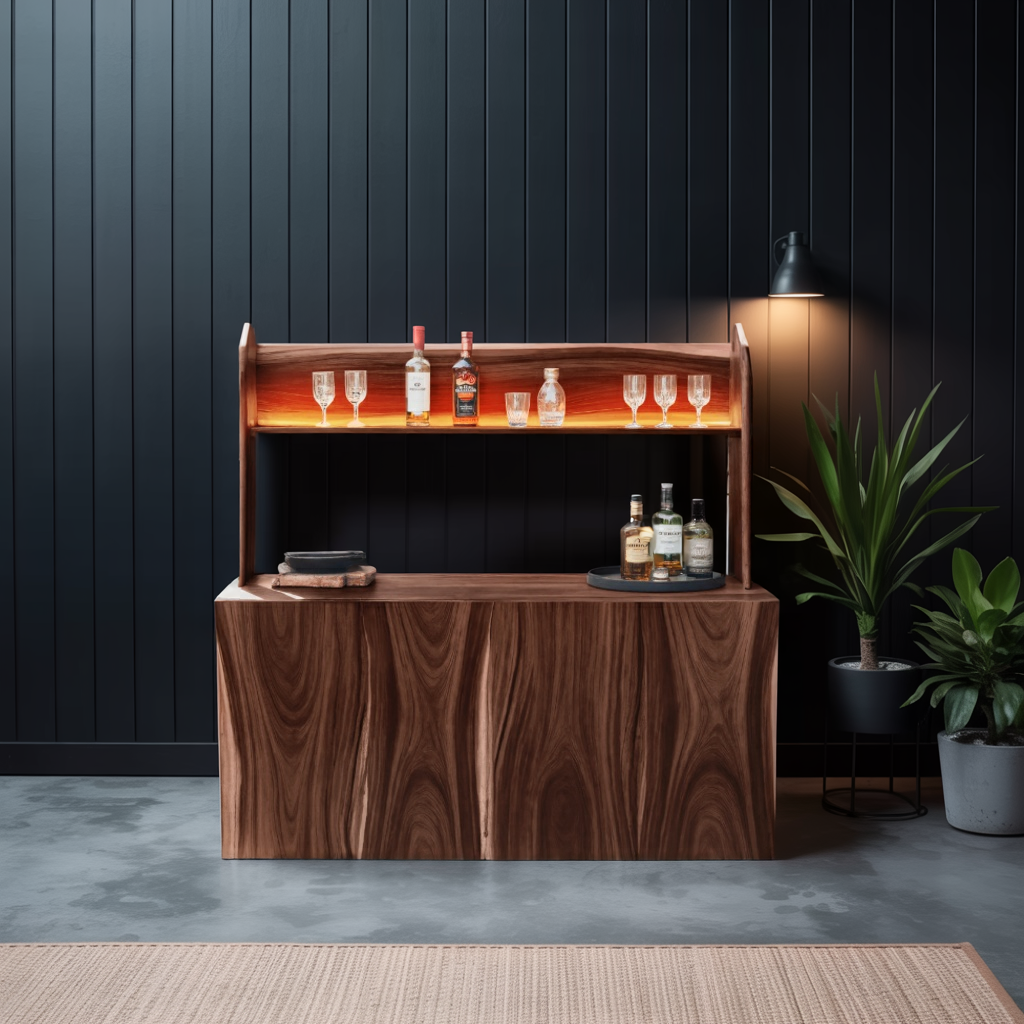 Outdoor Live Edge Bar Table With Curved Shelf For Patio Or Garden