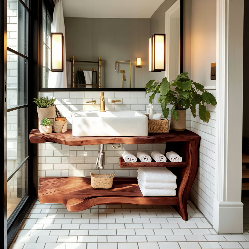 Rustic Wooden Vanity Space For Bathroom Use
