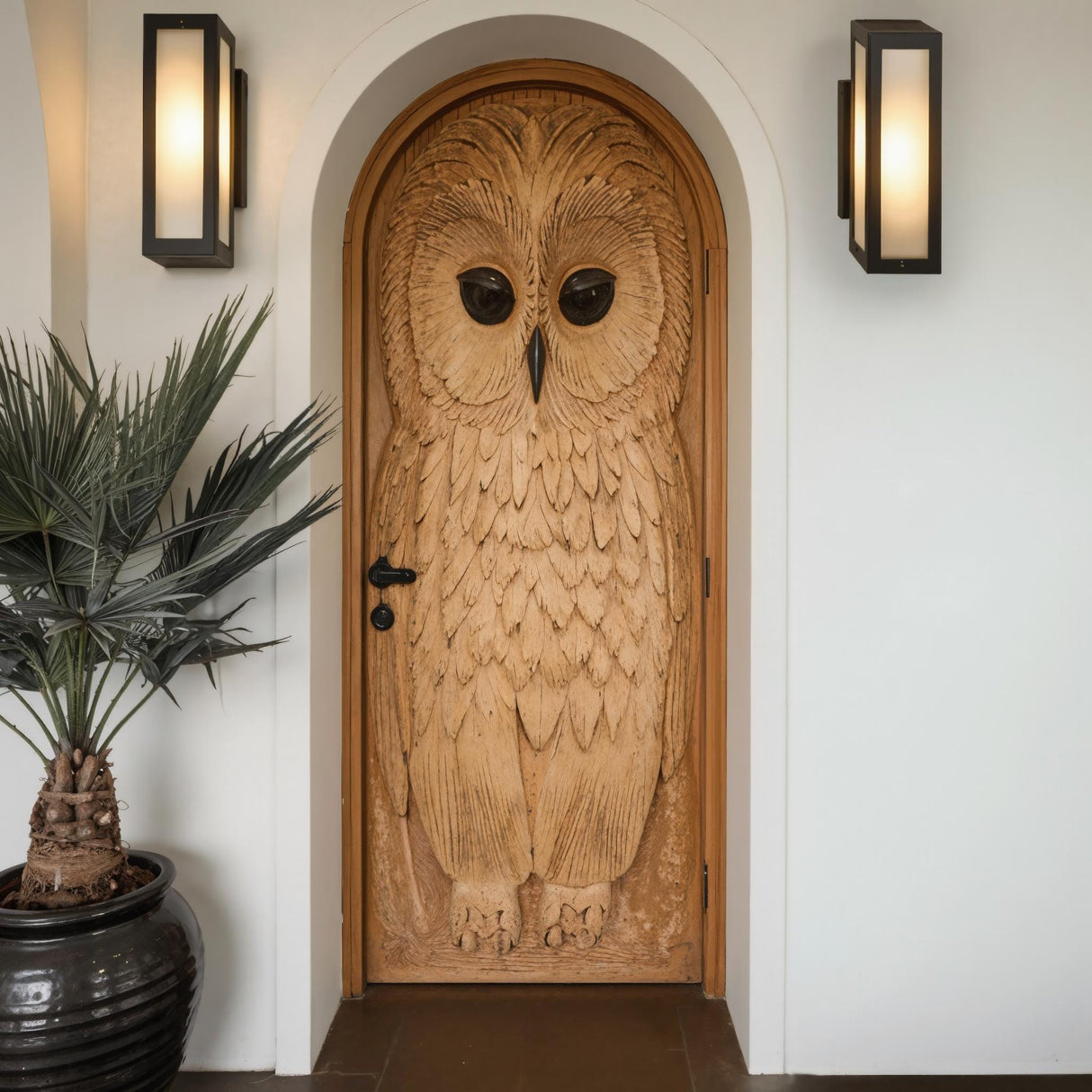 Whimsical Owl Carved Entry Door For Home Garden
