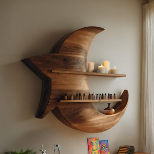 Handcrafted Moon And Star Wooden Shelf For Bedroom Decor