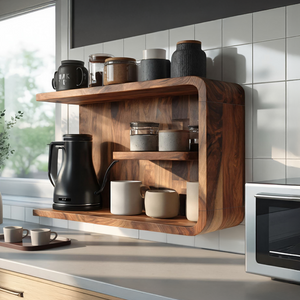 Minimalist Wooden Shelf With Hooks For Pantry Organization