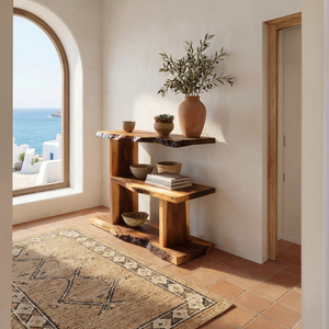 Artistic Wooden Live Edge Standing Shelf For Entryway Storage Design